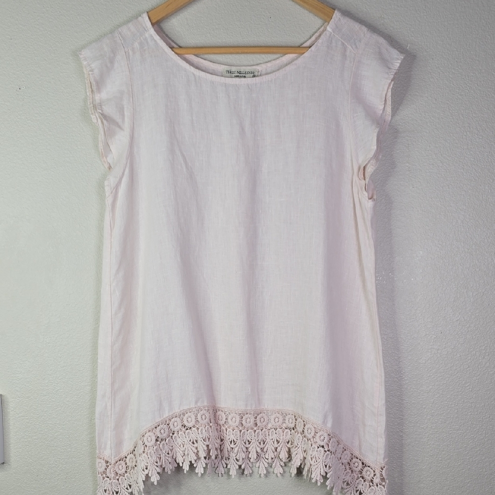 Terzo Millenio Elegant Linen Lace Trim Top Made In Italy Size Small.